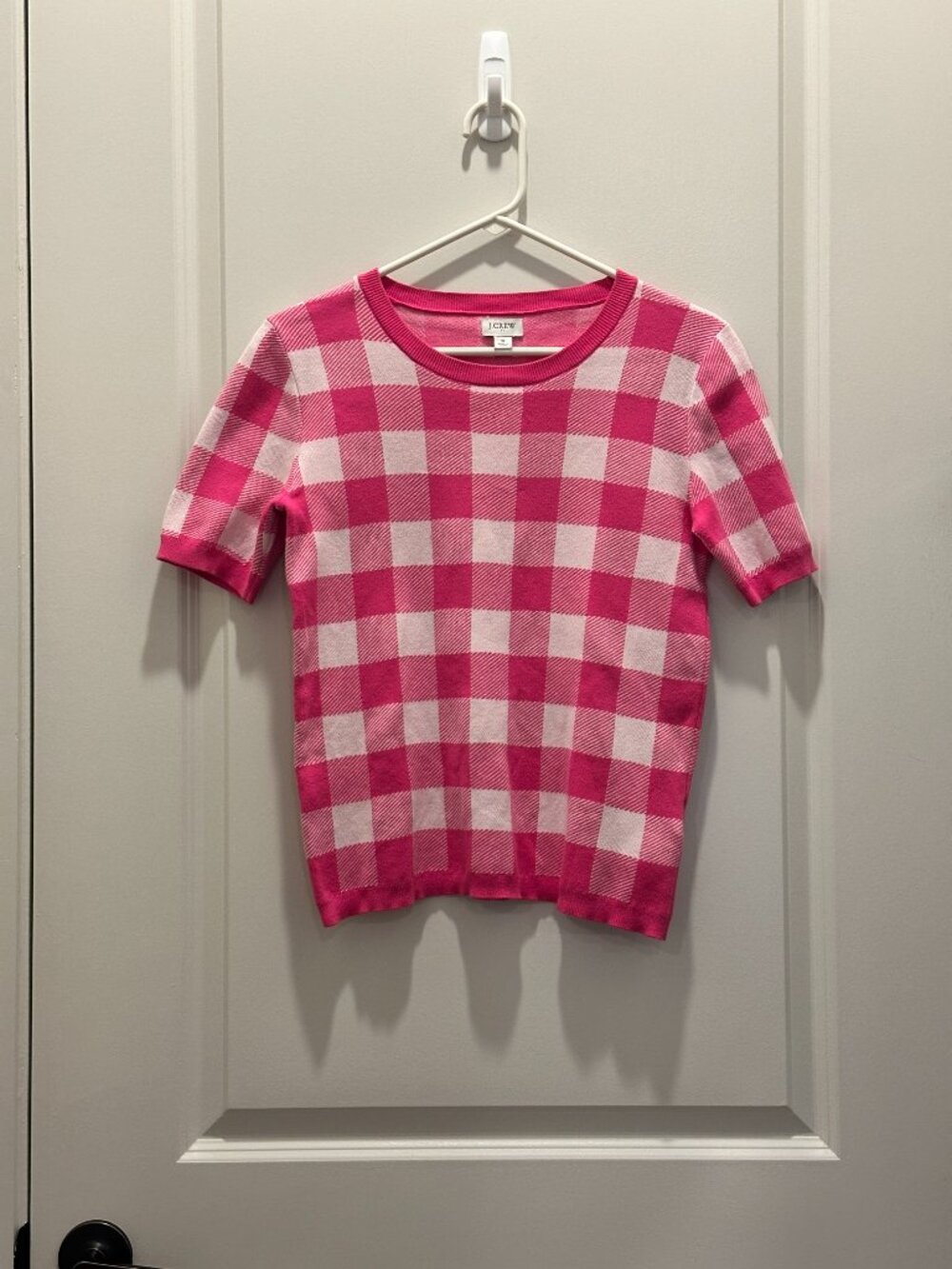 J. Crew Factory Pink Gingham Short Sleeve Sweater - Size Small - Picture 2 of 5